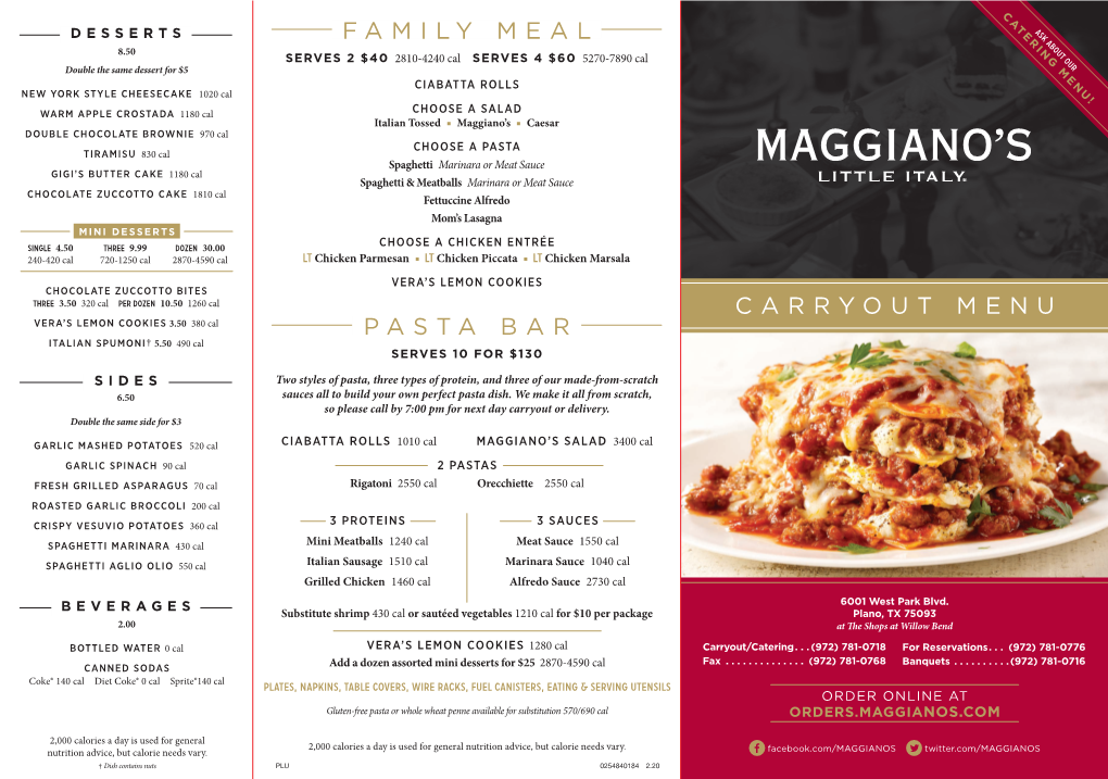 Carryout Menu Family Meal Pasta