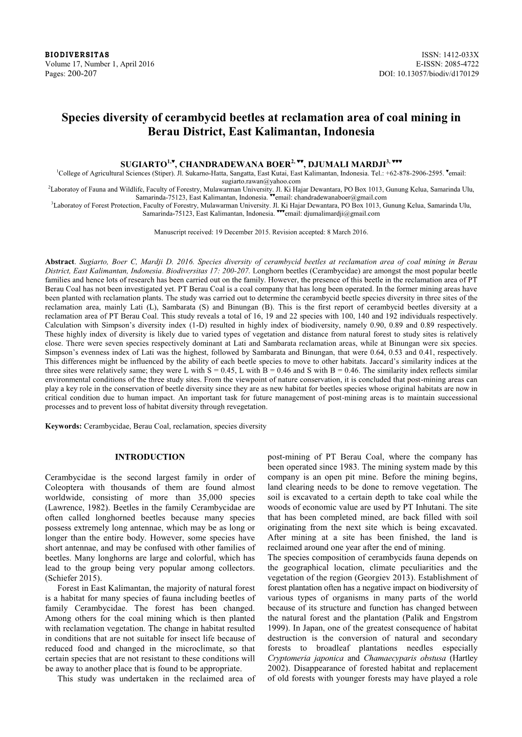 Species Diversity of Cerambycid Beetles at Reclamation Area of Coal Mining in Berau District, East Kalimantan, Indonesia