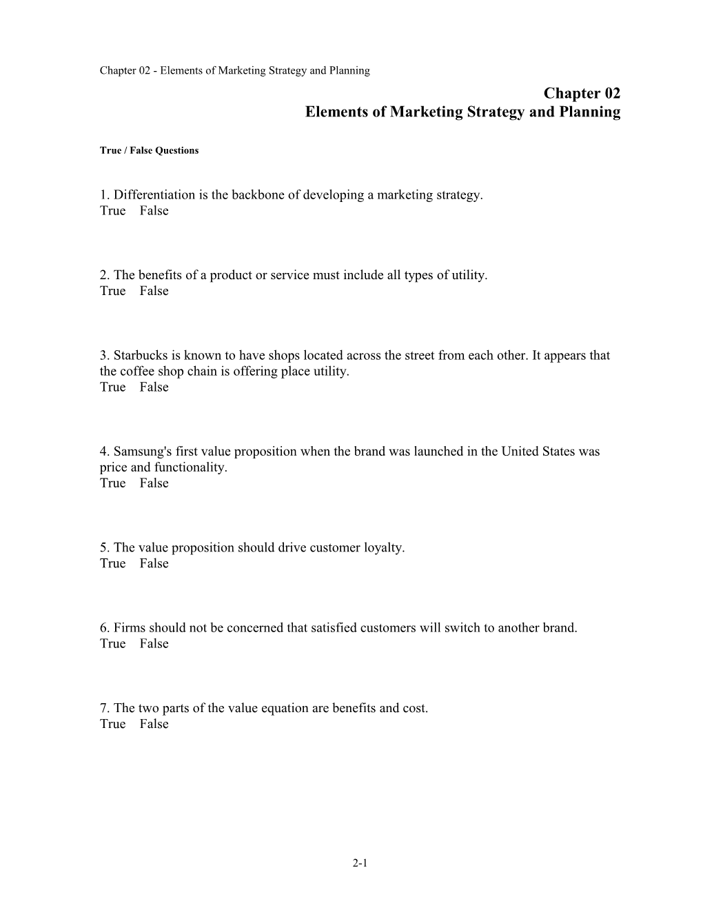 Chapter 02 Elements of Marketing Strategy and Planning