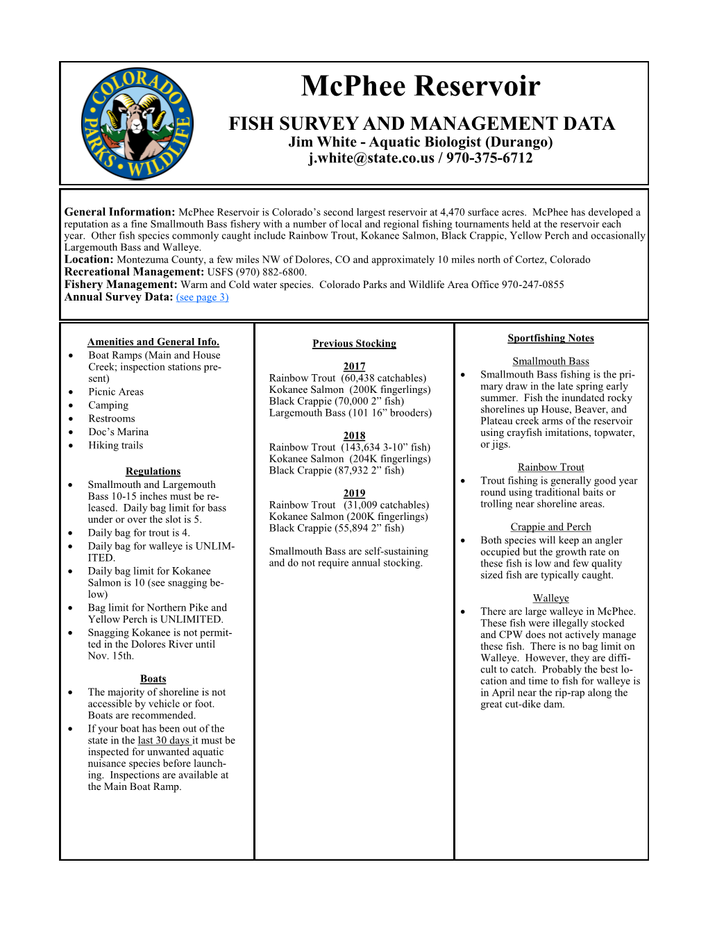 Mcphee Reservoir Fish Survey and Management Data