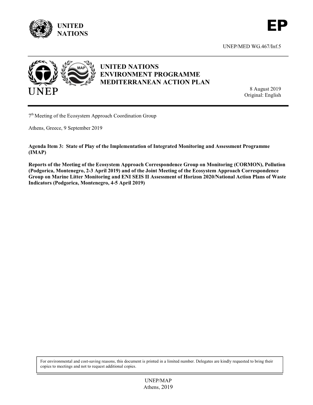 UNITED NATIONS ENVIRONMENT PROGRAMME MEDITERRANEAN ACTION PLAN 8 August 2019 Original: English