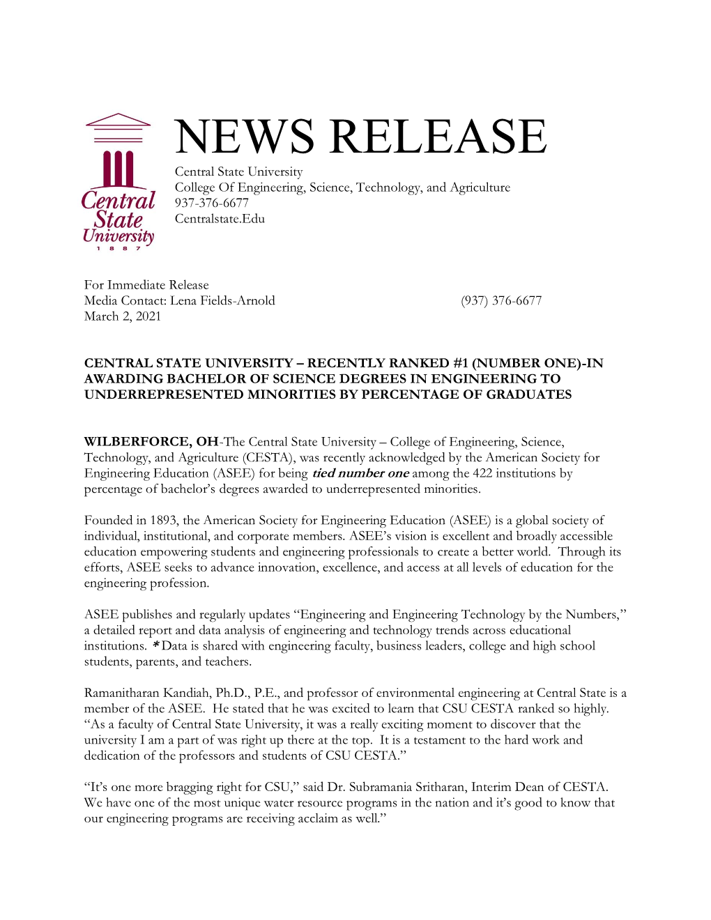 NEWS RELEASE Central State University College of Engineering, Science, Technology, and Agriculture 937-376-6677 Centralstate.Edu