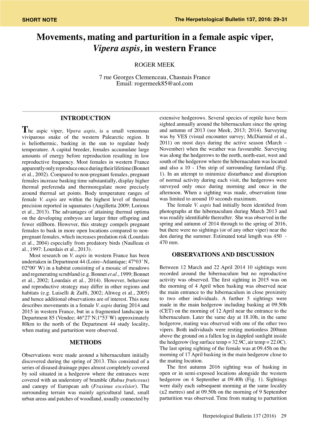 Movements, Mating and Parturition in a Female Aspic Viper, Vipera Aspis, in Western France