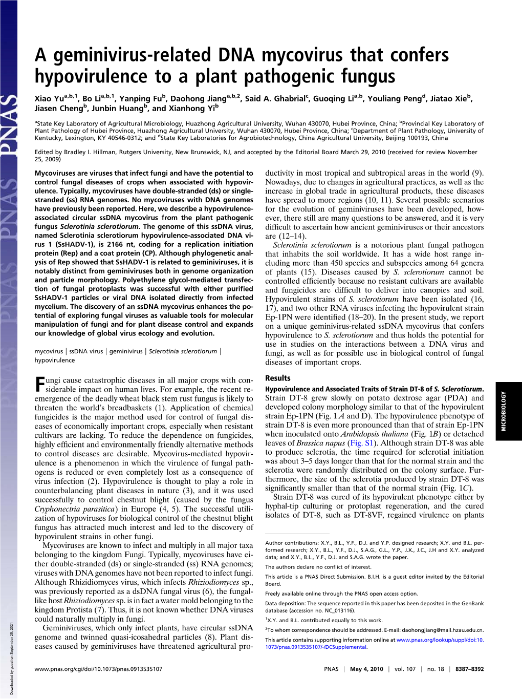 A Geminivirus-Related DNA Mycovirus That Confers Hypovirulence to a Plant Pathogenic Fungus