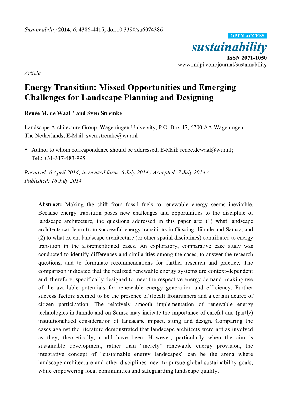 Energy Transition: Missed Opportunities and Emerging Challenges for Landscape Planning and Designing