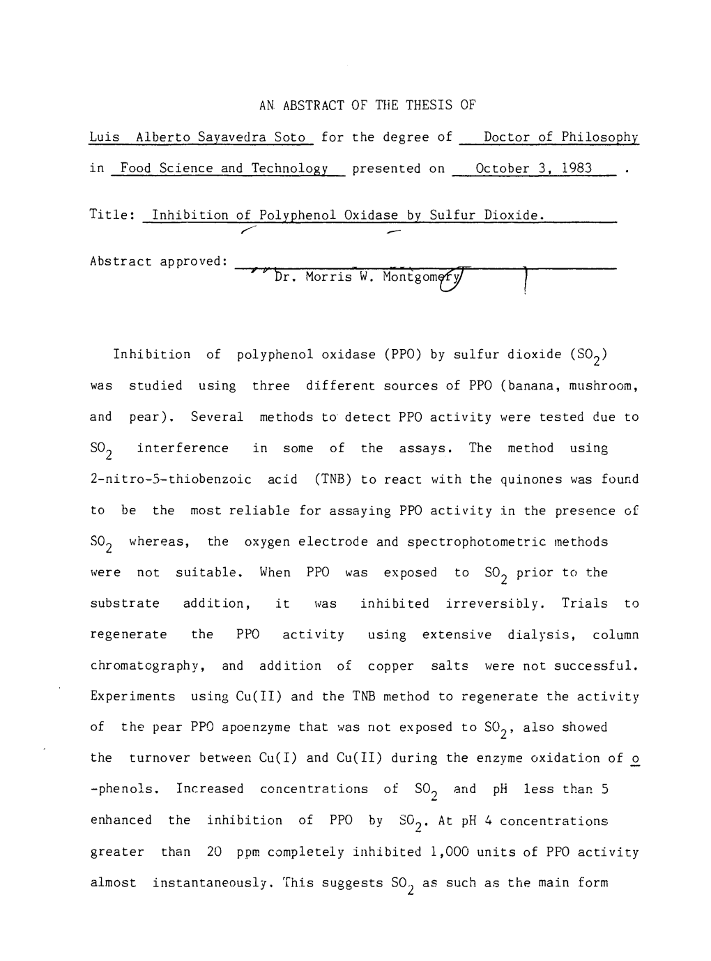 Luis Alberto Sayavedra Soto for the Degree of Doctor of Philosophy in Food Science and Technology Presented on October 3, 1983