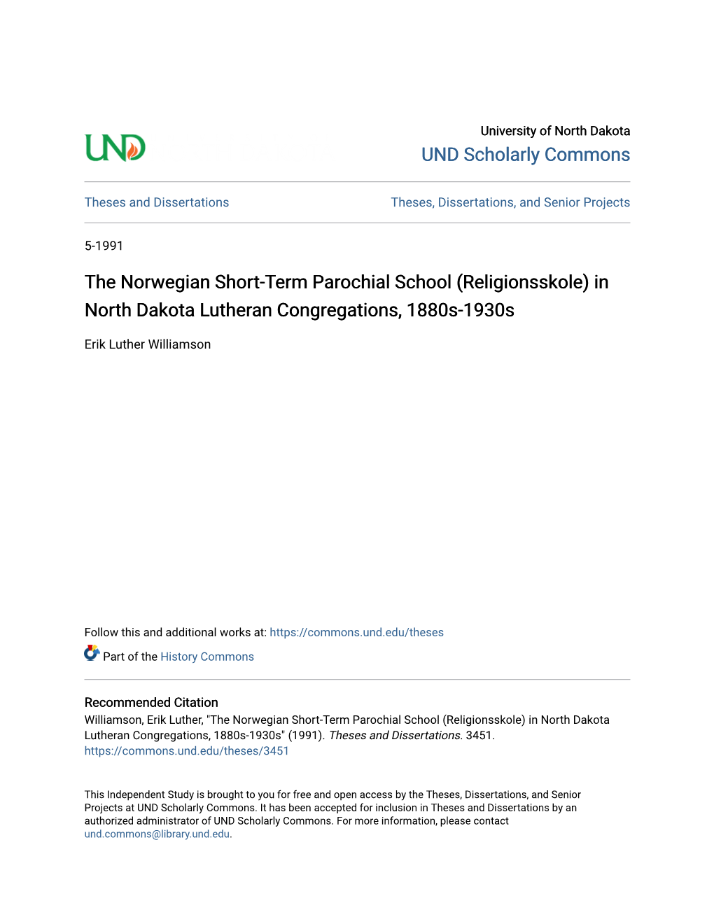 The Norwegian Short-Term Parochial School (Religionsskole) in North Dakota Lutheran Congregations, 1880S-1930S