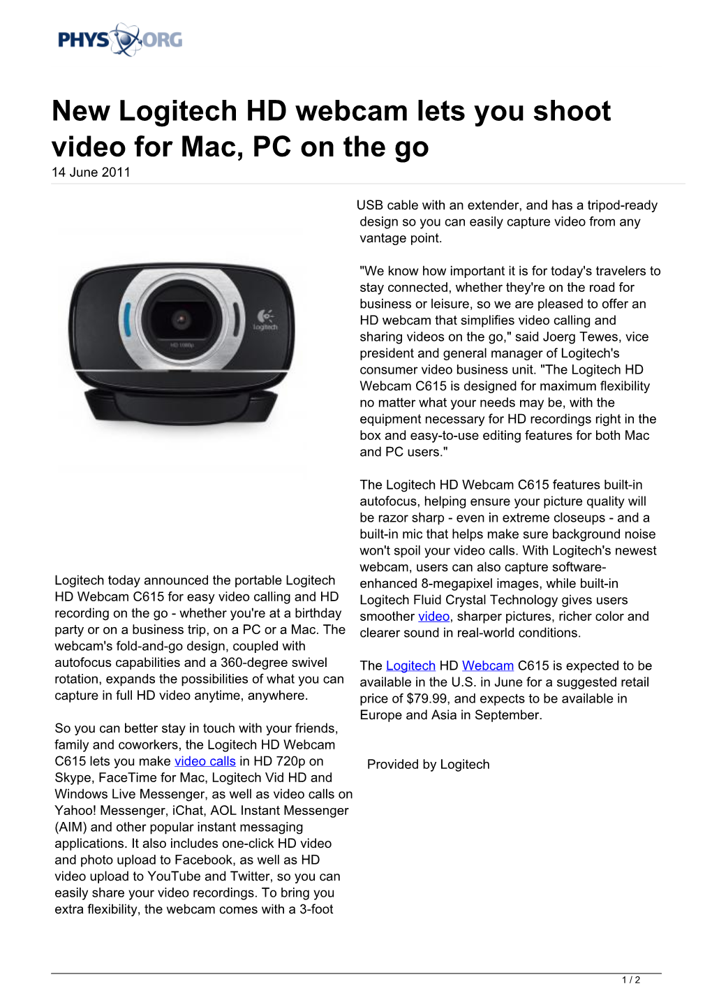 New Logitech HD Webcam Lets You Shoot Video for Mac, PC on the Go 14 June 2011