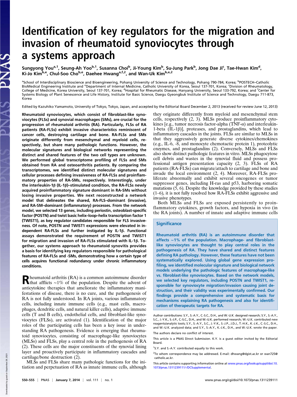 Identification of Key Regulators for the Migration and Invasion of Rheumatoid Synoviocytes Through a Systems Approach