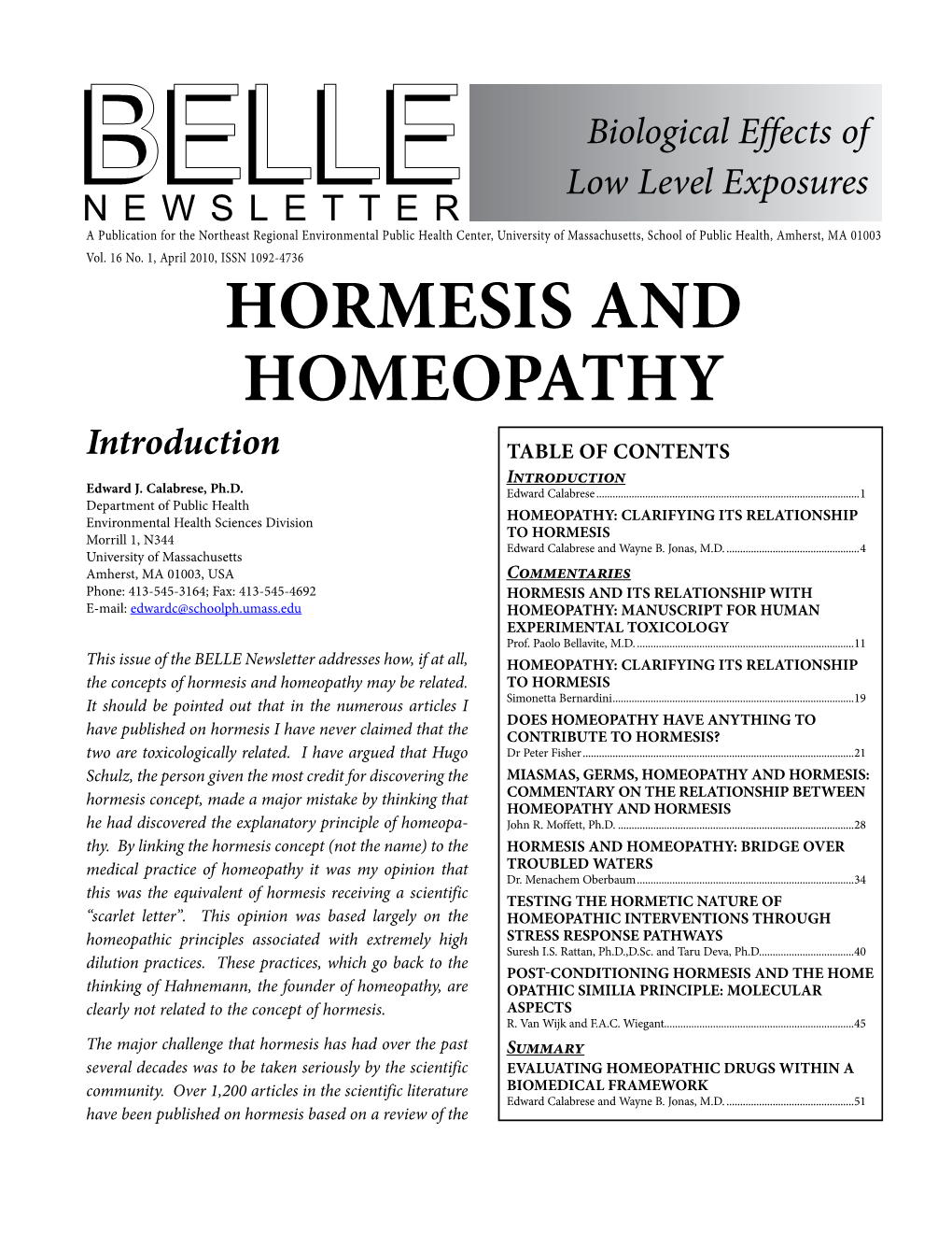 Hormesis and Homeopathy Introduction TABLE of CONTENTS Introduction Edward J