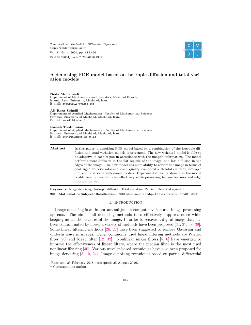 A Denoising PDE Model Based on Isotropic Diffusion and Total Vari