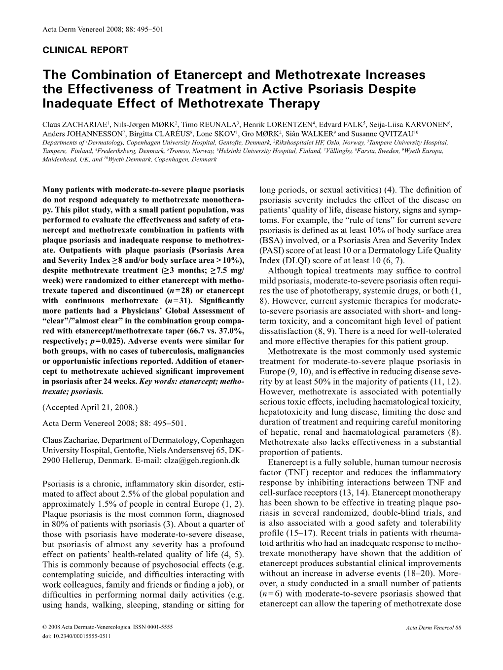 The Combination of Etanercept and Methotrexate Increases the Effectiveness of Treatment in Active Psoriasis Despite Inadequate Effect of Methotrexate Therapy