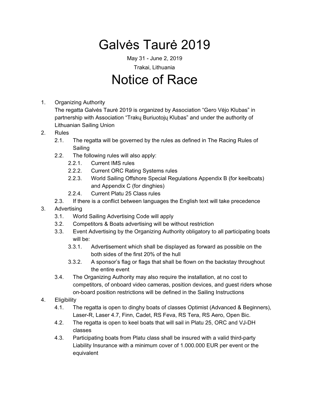 Galvės Taurė 2019 Notice of Race