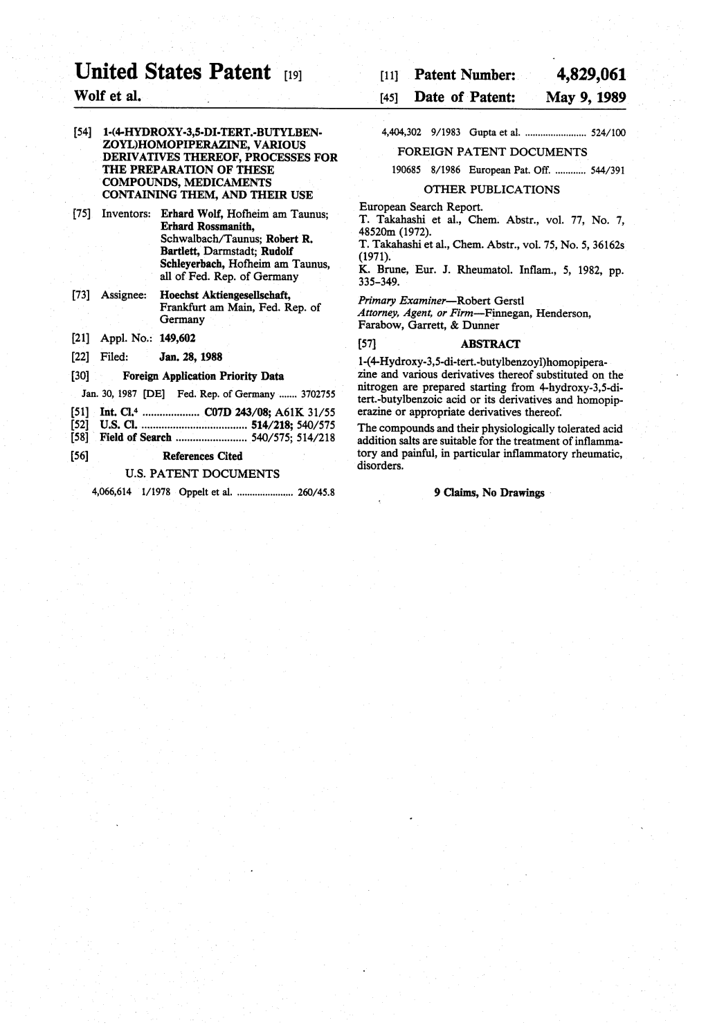 United States Patent (19) 11 Patent Number: 4,829,061 Wolf Et Al