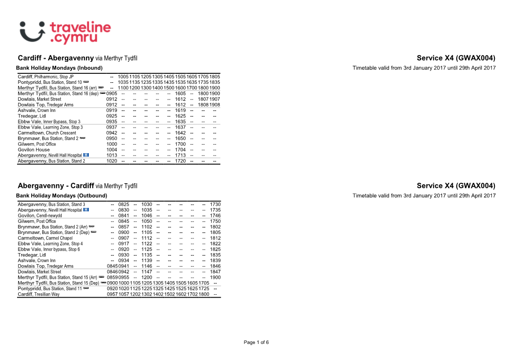 Traveline Cymru A4 Landscape Timetable