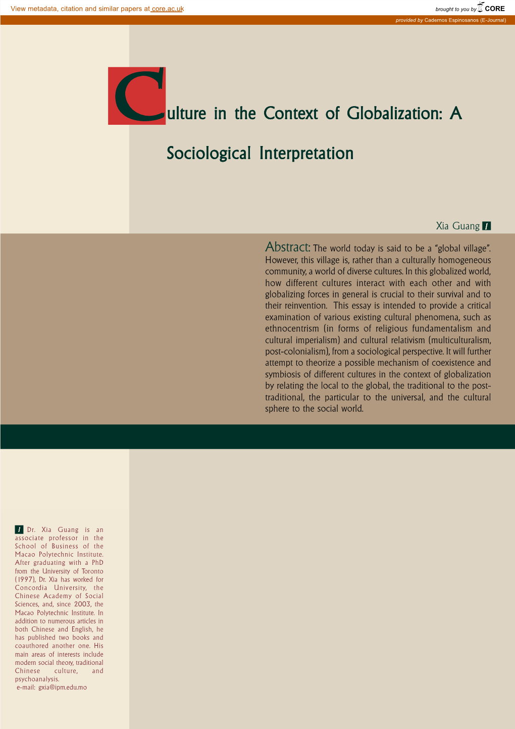 Culture in the Context of Globalization: a Sociological Interpretation