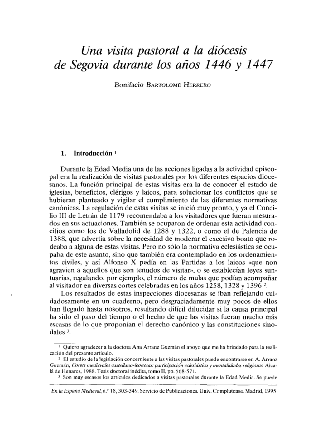 Una Visita Pastoral a La Diócesis De Segovia Durante Los Años 1446 Y 1447