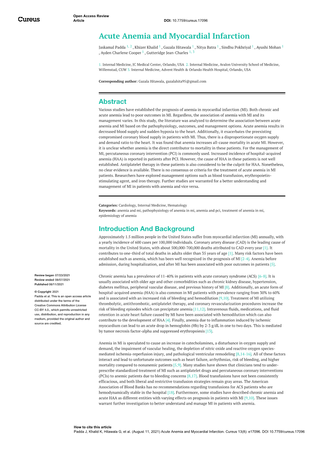 Acute Anemia and Myocardial Infarction