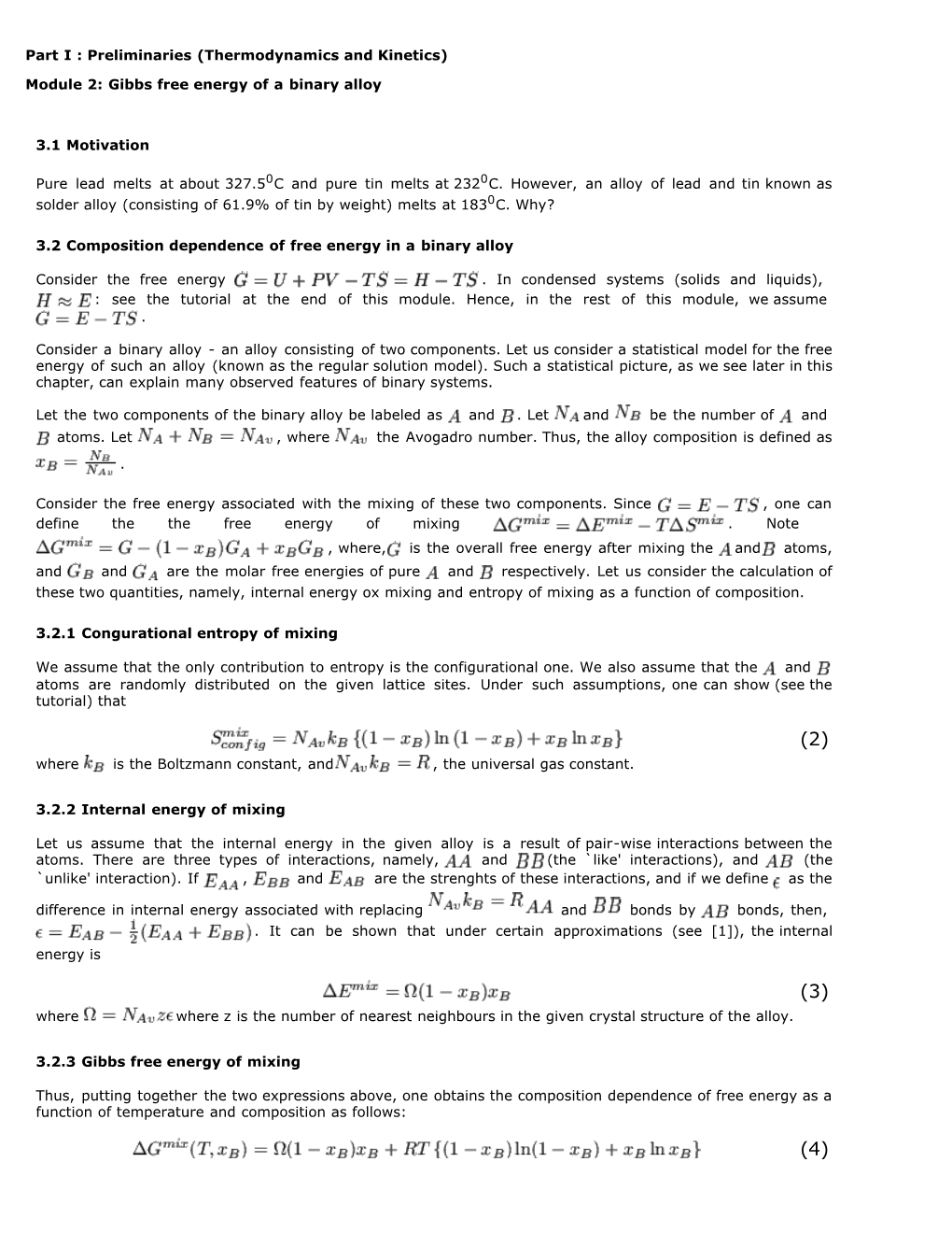 Part I : Preliminaries (Thermodynamics and Kinetics) Module 2: Gibbs Free Energy of a Binary Alloy