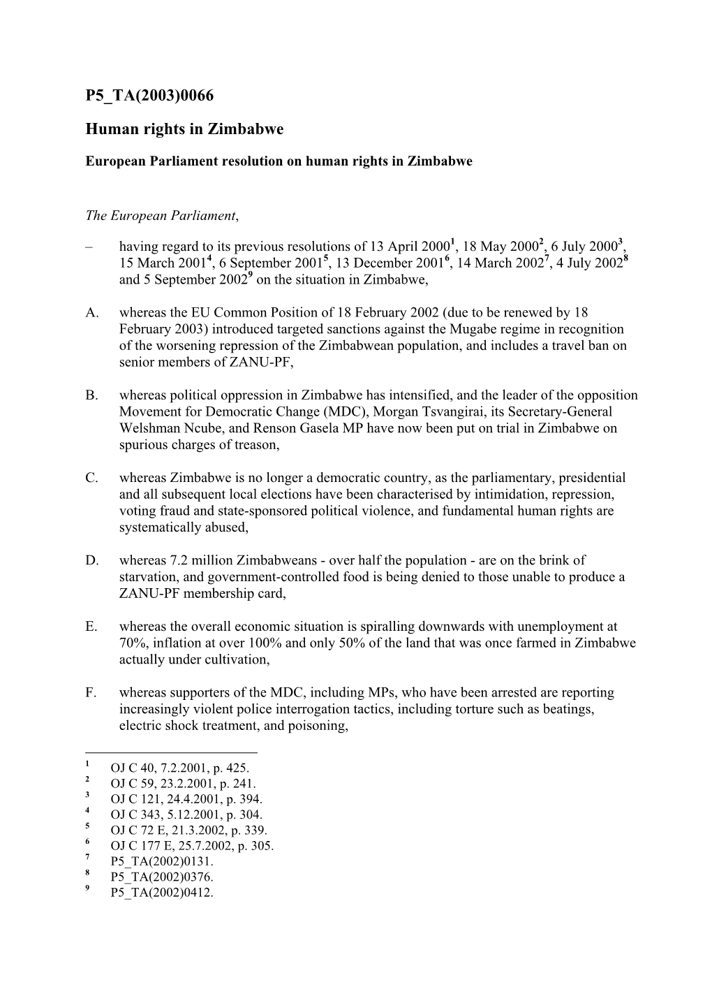 P5 TA(2003)0066 Human Rights in Zimbabwe