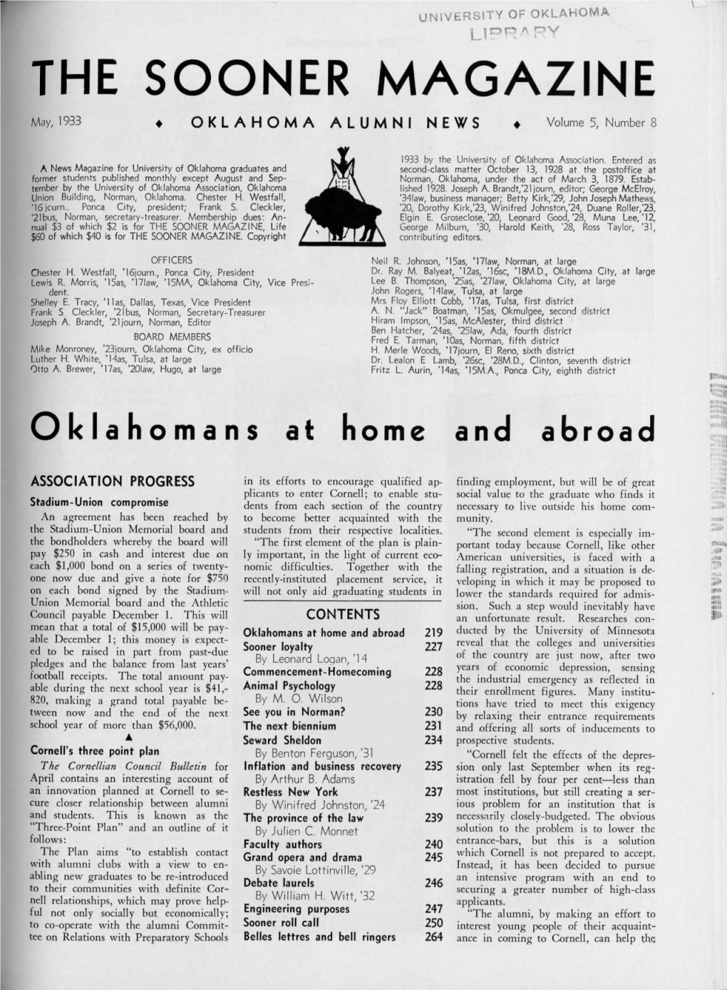 THE SOONER MAGAZINE May, 1933 OKLAHOMA ALUMNI NEWS Volume 5, Number 8