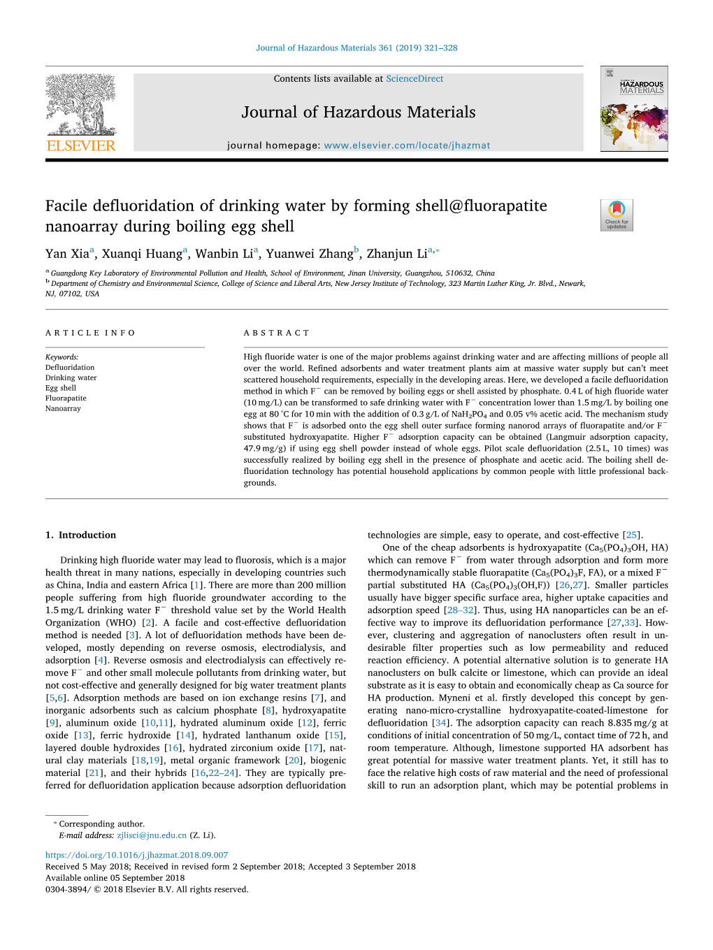 Facile Defluoridation of Drinking Water by Forming Shell@Fluorapatite