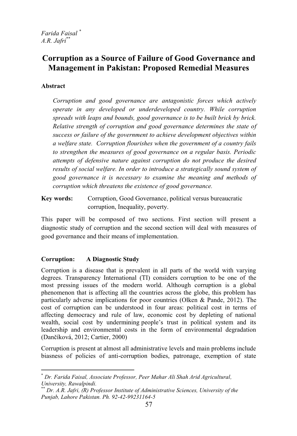 Corruption As a Source of Failure of Good Governance and Management in Pakistan: Proposed Remedial Measures