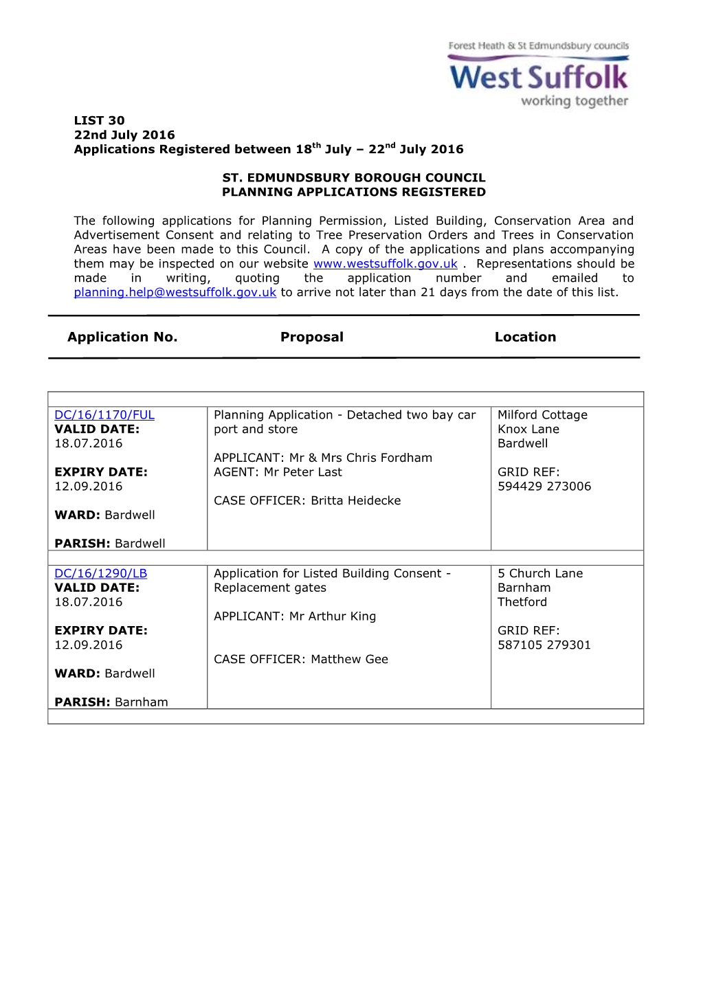 SEBC Planning Applications 30/16