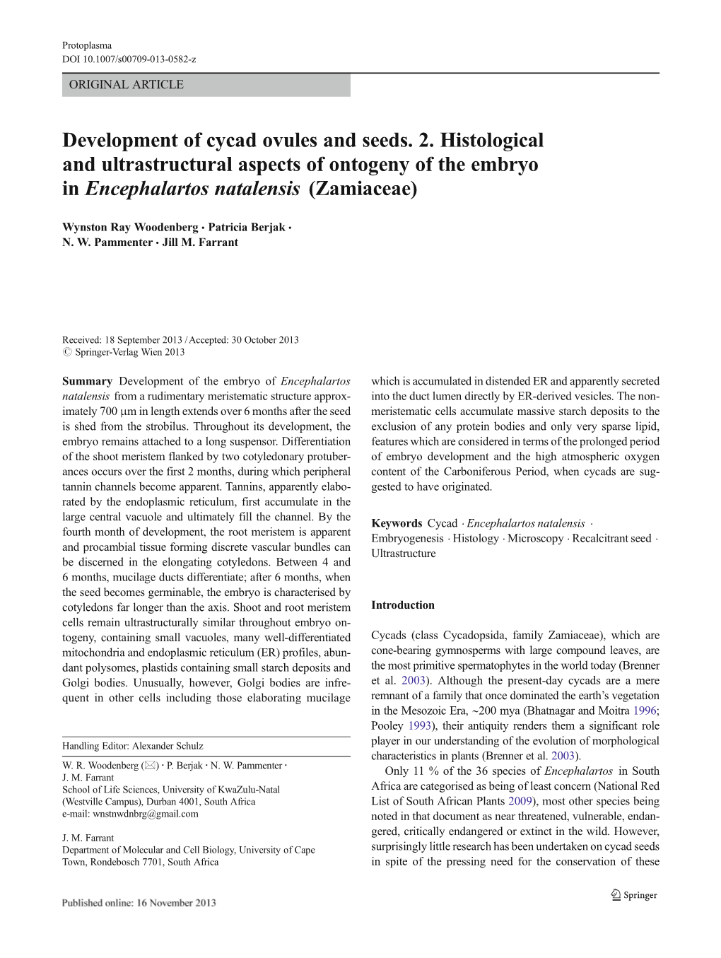 Development of Cycad Ovules and Seeds. 2. Histological and Ultrastructural Aspects of Ontogeny of the Embryo in Encephalartos Natalensis (Zamiaceae)