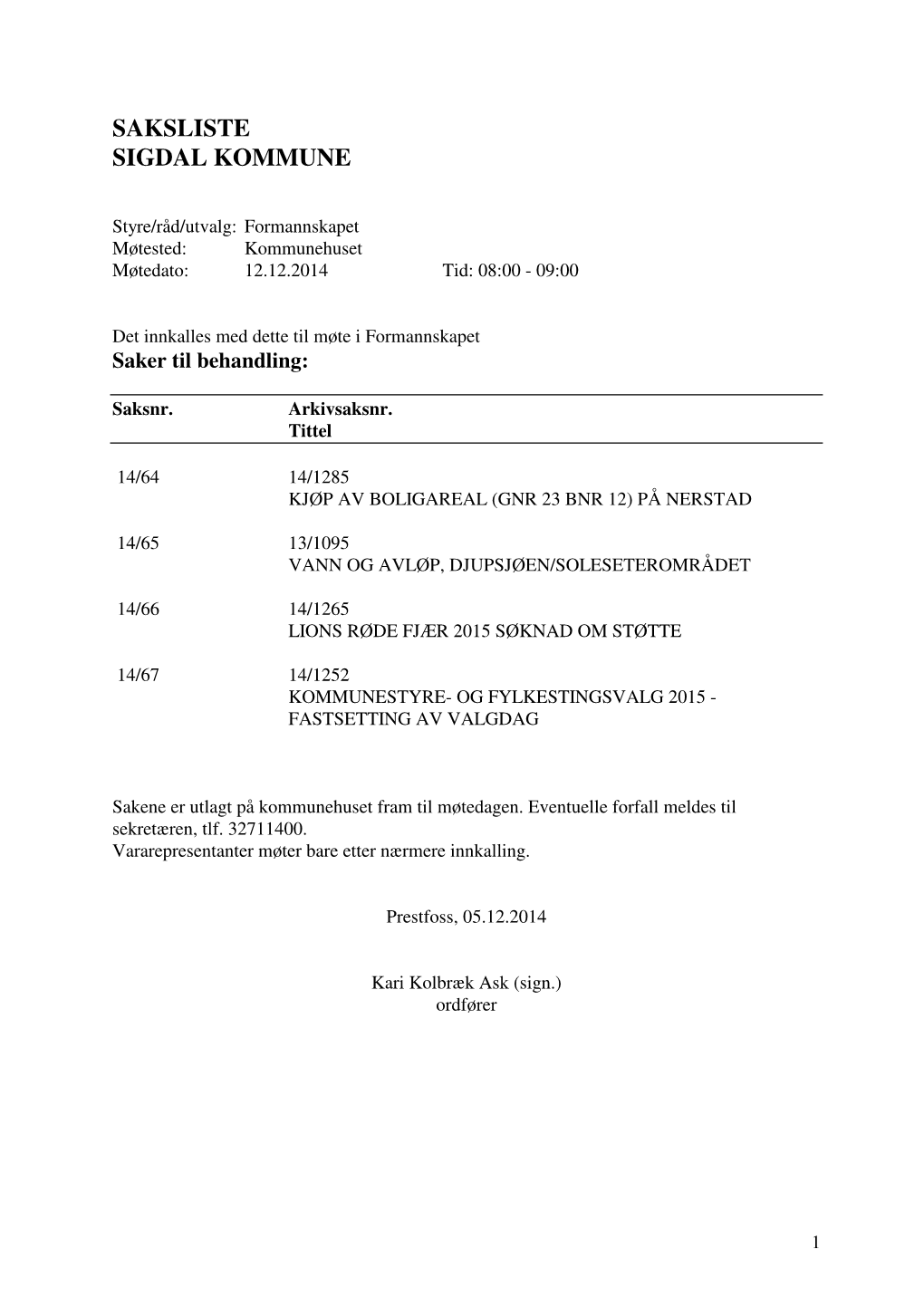 Saksliste Sigdal Kommune