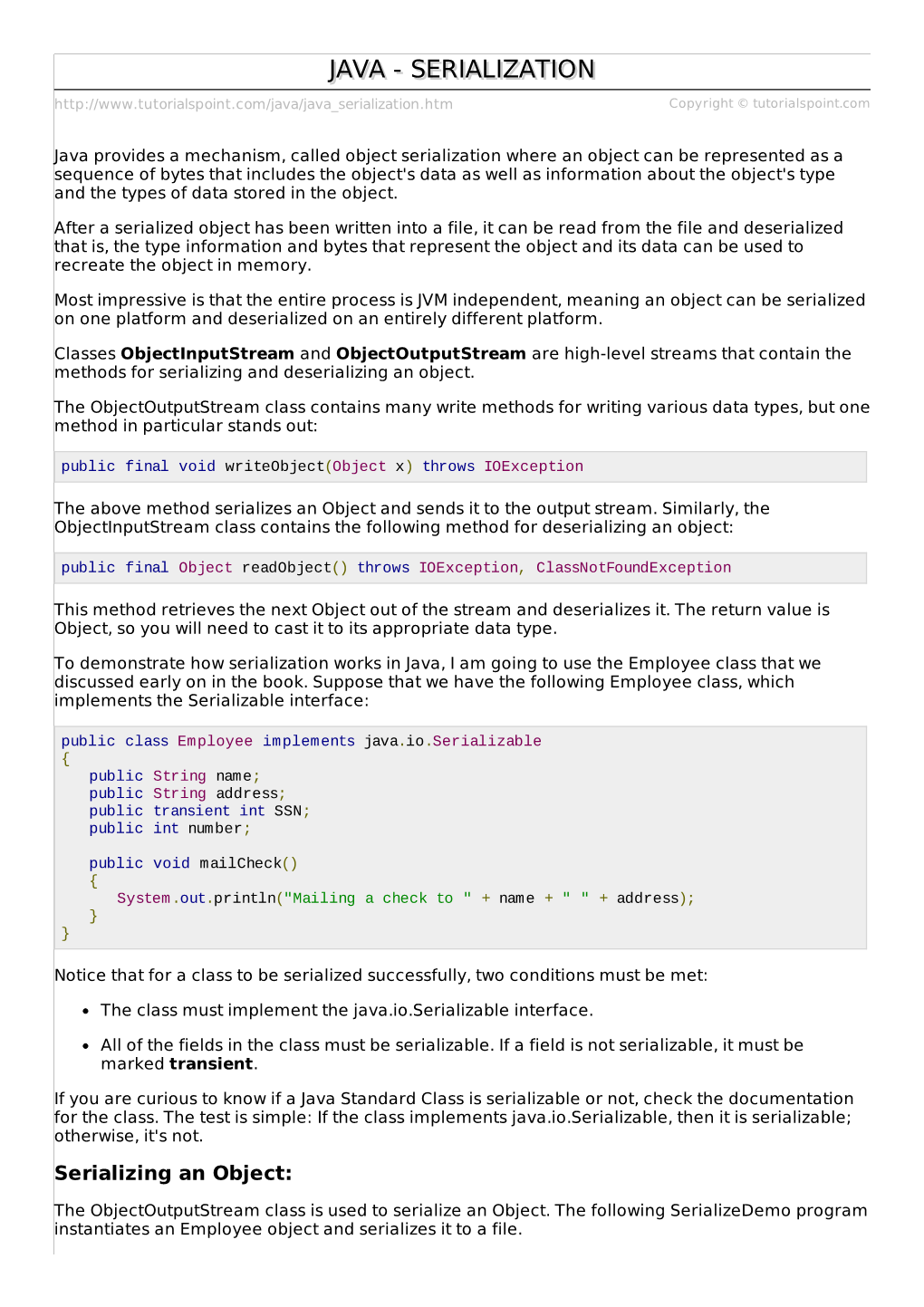 Java/Java Serialization.Htm Copyright © Tutorialspoint.Com