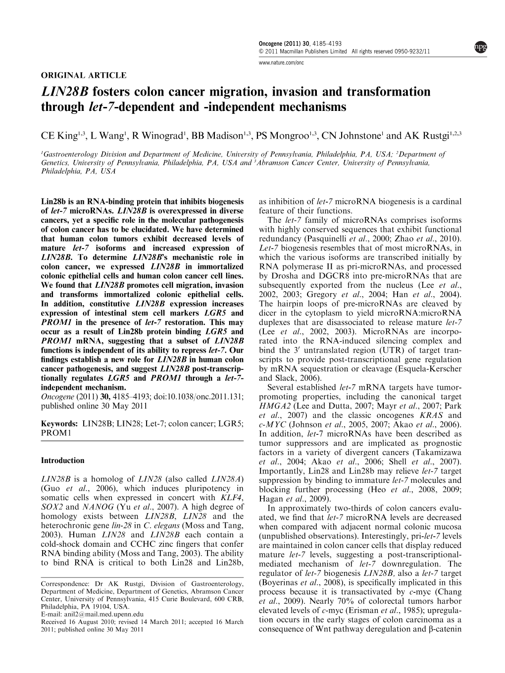 LIN28B Fosters Colon Cancer Migration, Invasion and Transformation Through Let-7-Dependent and -Independent Mechanisms