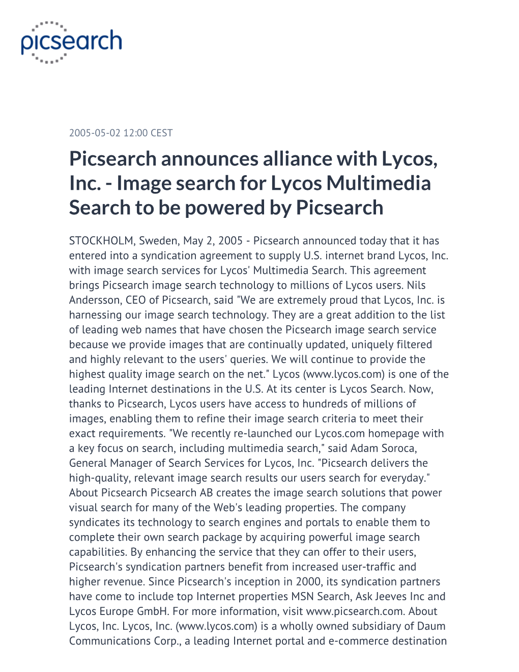 Picsearch Announces Alliance with Lycos, Inc. - Image Search for Lycos Multimedia Search to Be Powered by Picsearch