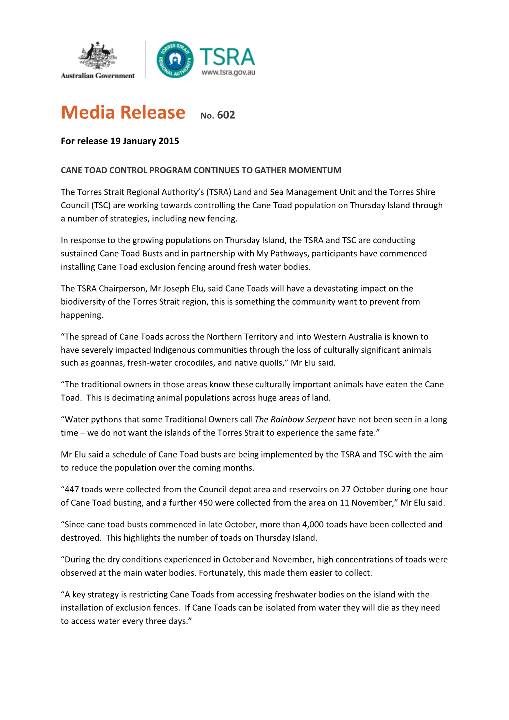 Media Release No. 602