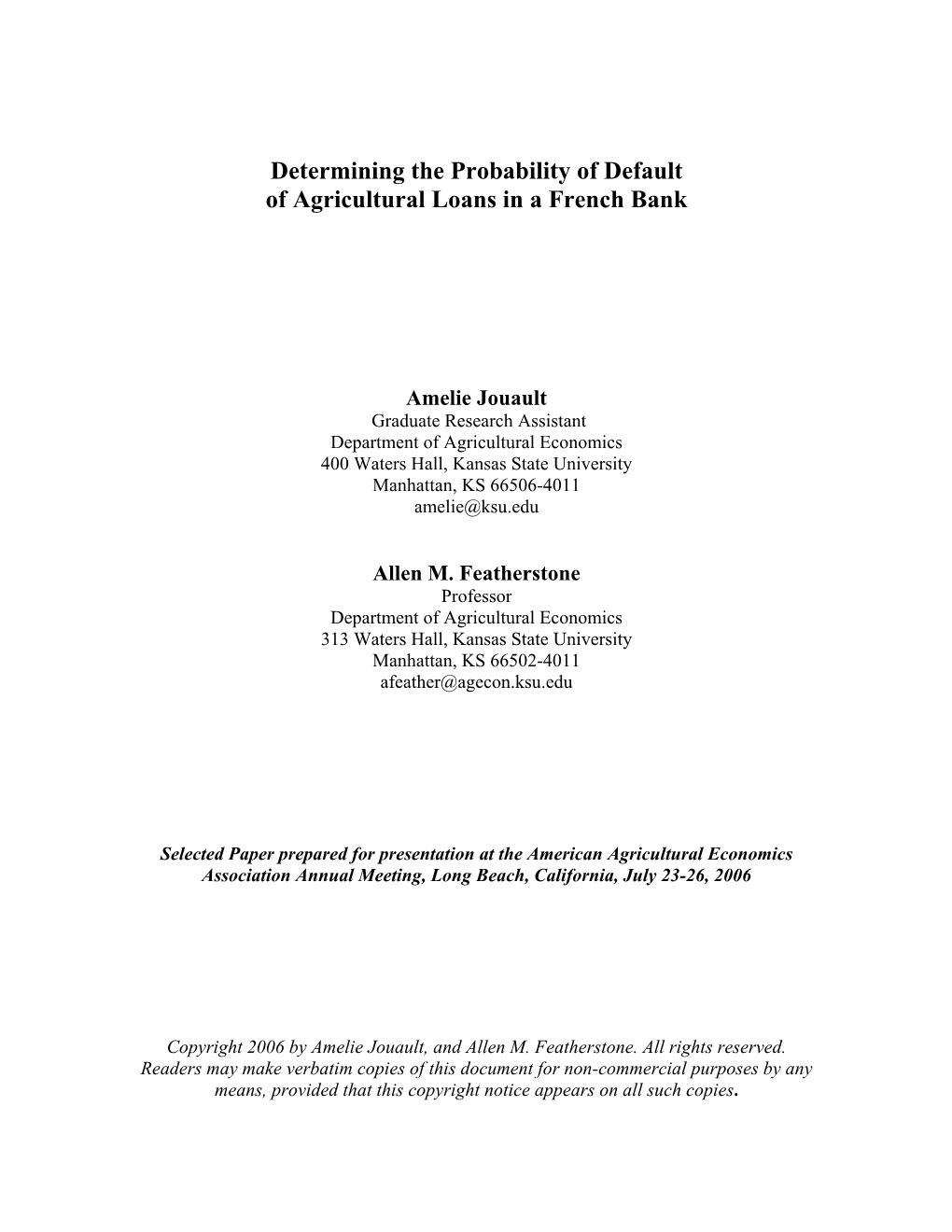 Determining the Probability of Default of Agricultural Loans in a French Bank