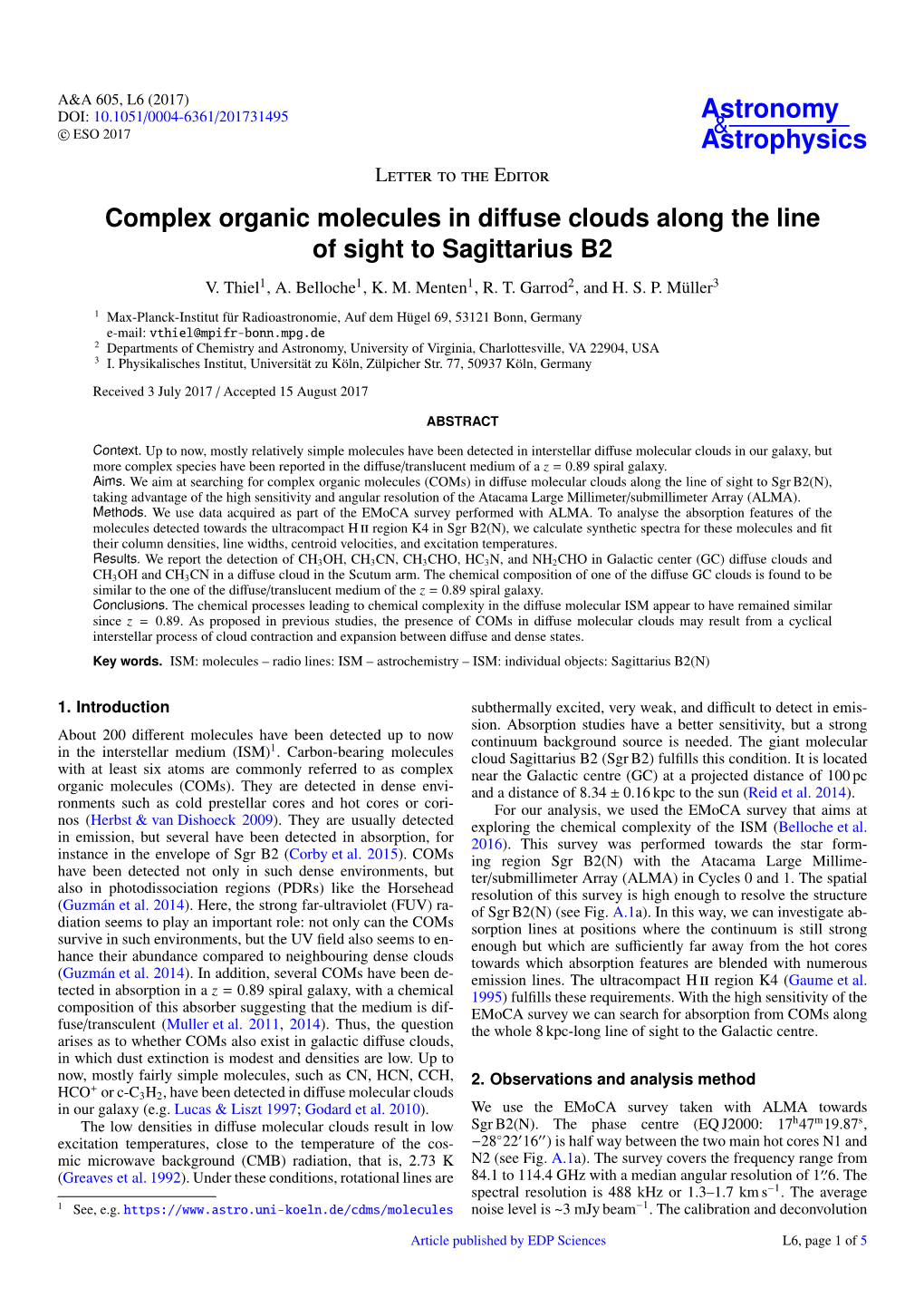 Complex Organic Molecules in Diffuse Clouds Along the Line of Sight to Sagittarius B2 V