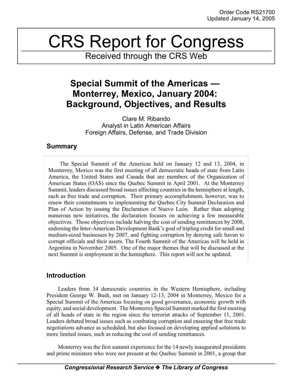 Special Summit of the Americas — Monterrey, Mexico, January 2004: Background, Objectives, and Results