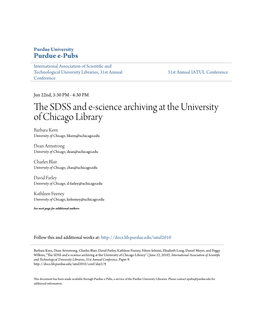 The Sdss and E-Science Archiving at the University of Chicago Library