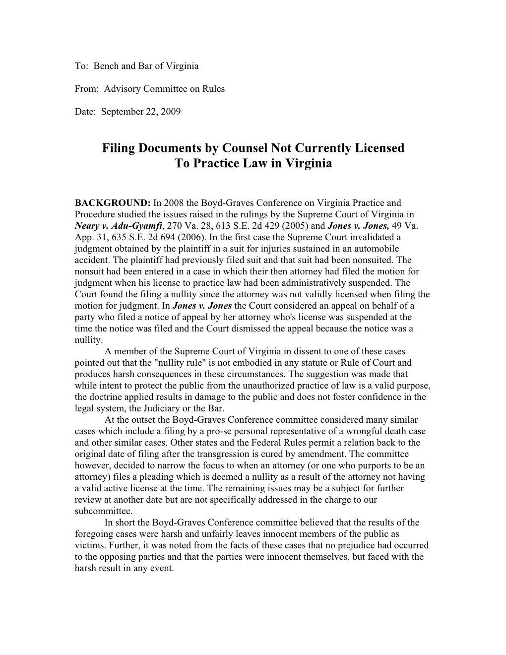 Filing Documents by Counsel Not Currently Licensed to Practice Law in Virginia