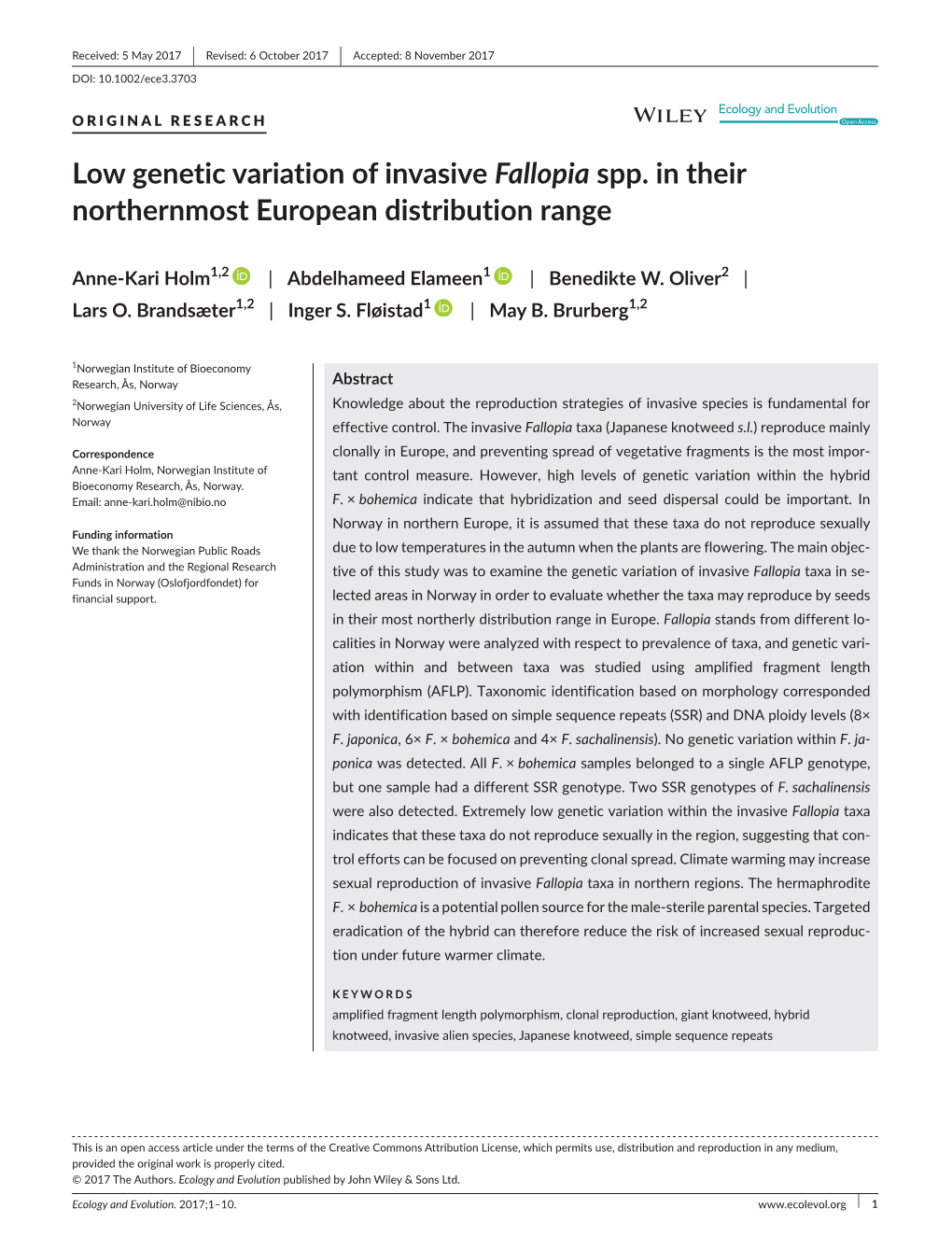 Low Genetic Variation of Invasive Fallopia Spp. in Their Northernmost