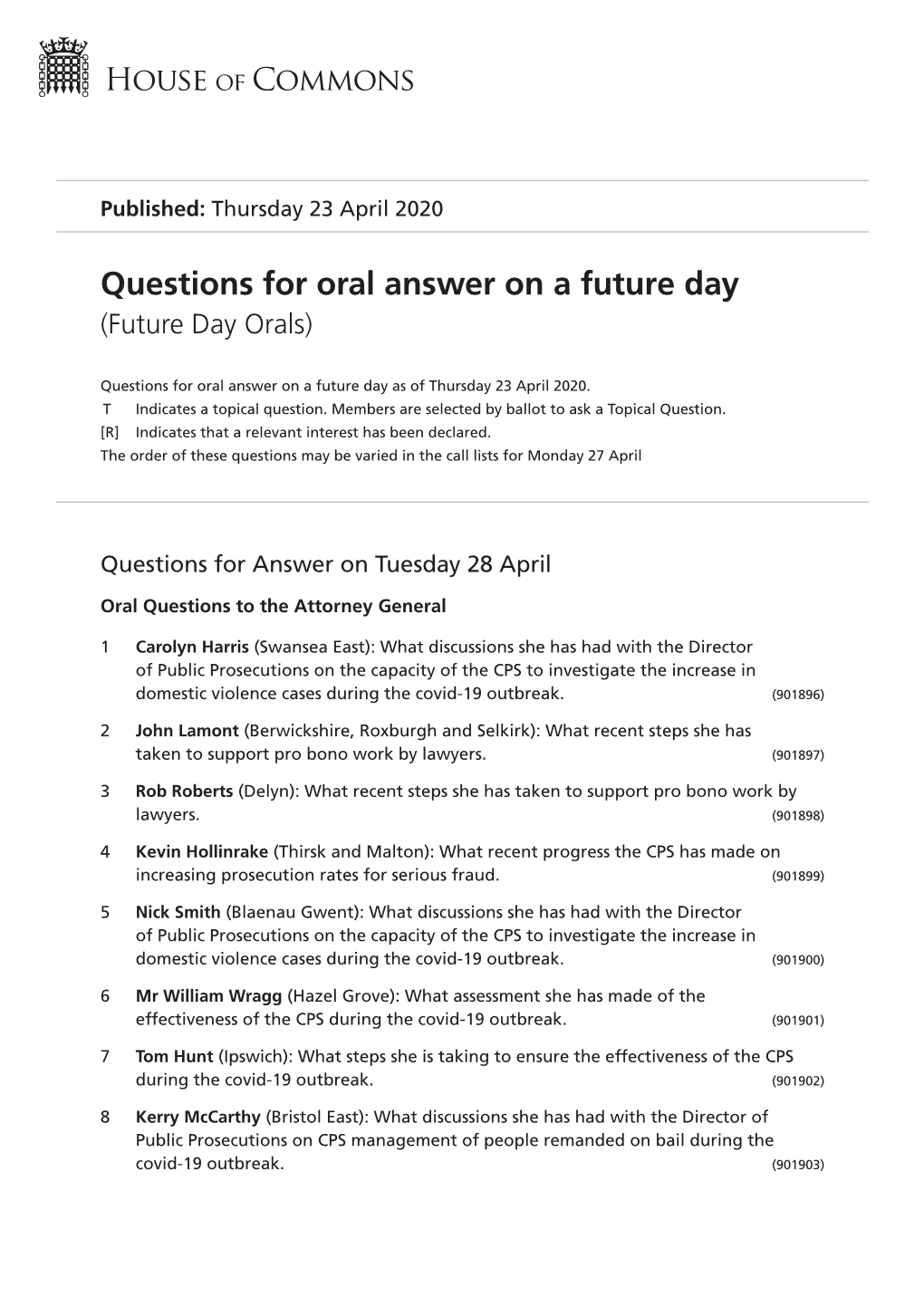 Future Oral Questions As of Thu 23 Apr 2020