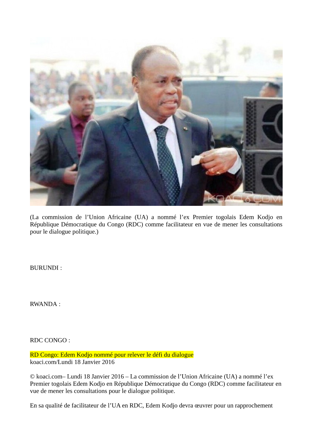 (La Commission De L'union Africaine (UA) a Nommé L'ex Premier Togolais