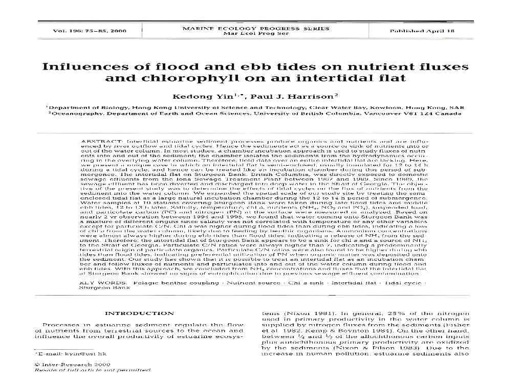 Influences of Flood and Ebb Tides on Nutrient Fluxes and Chlorophyll on an Intertidal Flat