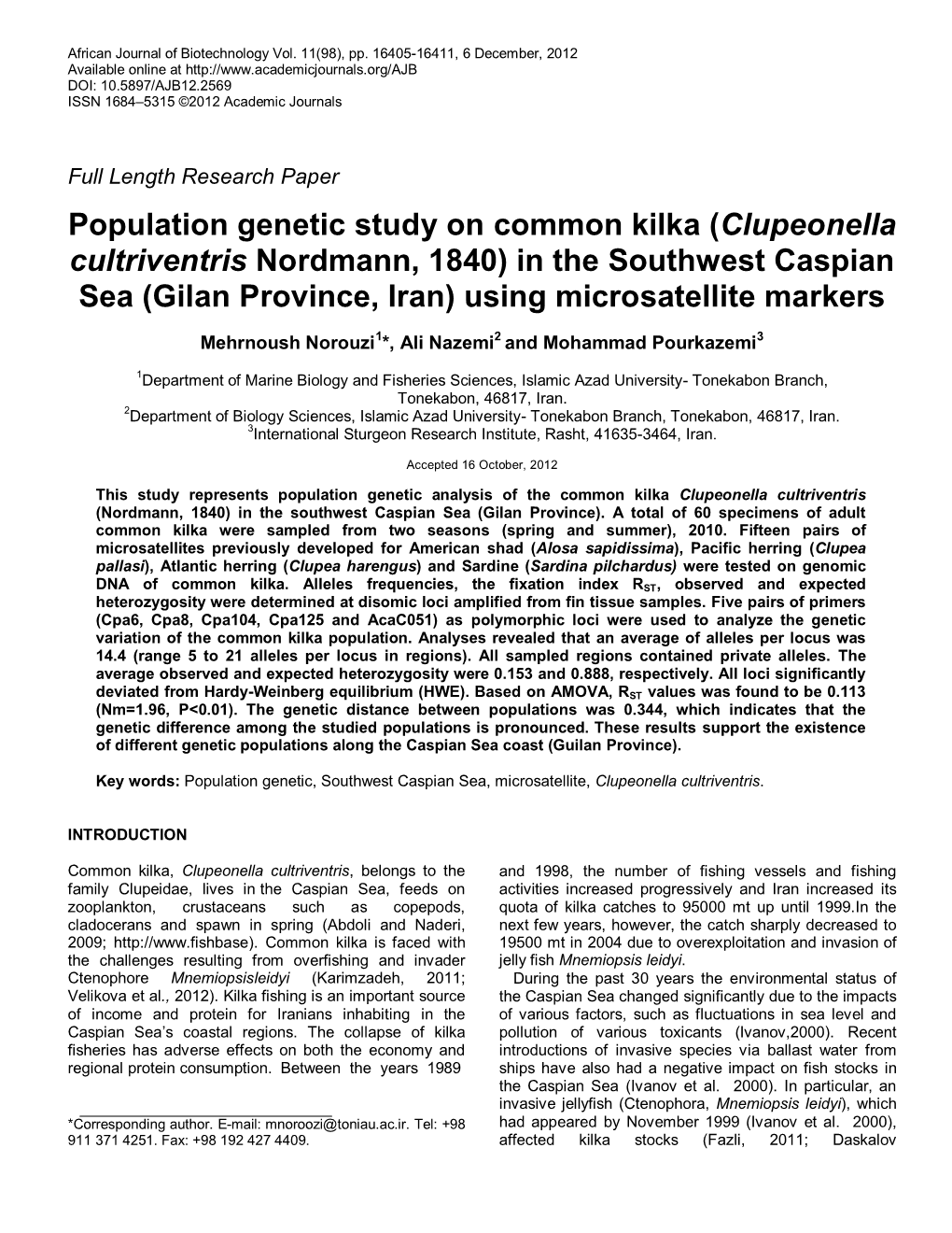Population Genetic Study on Common Kilka (Clupeonella Cultriventris Nordmann, 1840) in the Southwest Caspian Sea (Gilan Province, Iran) Using Microsatellite Markers