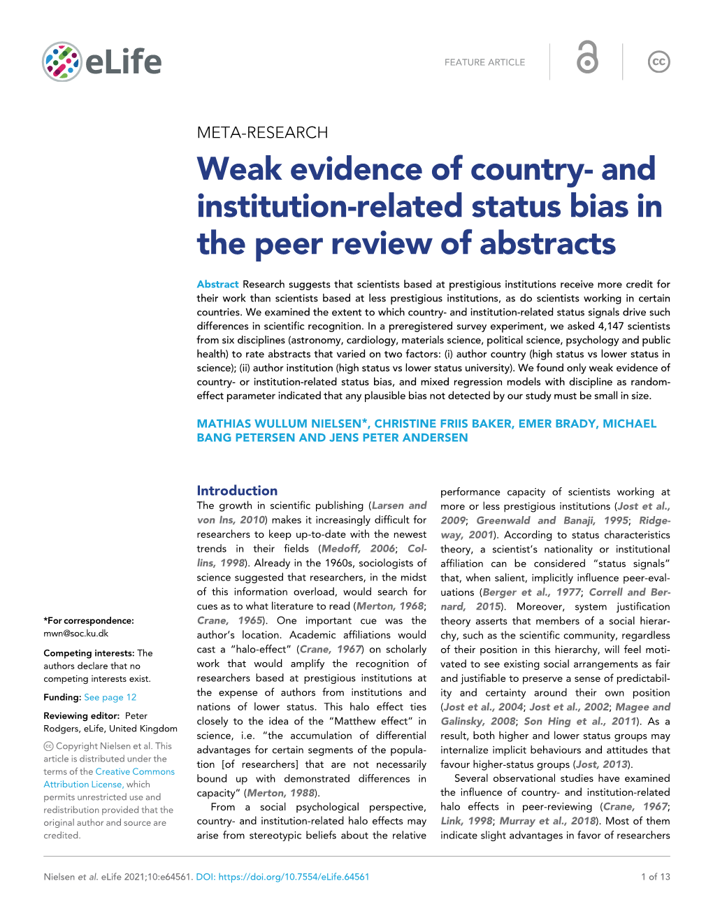 And Institution-Related Status Bias in the Peer Review of Abstracts