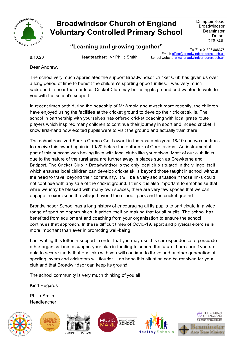 Letter of Support to Cricket Club 8.10.20