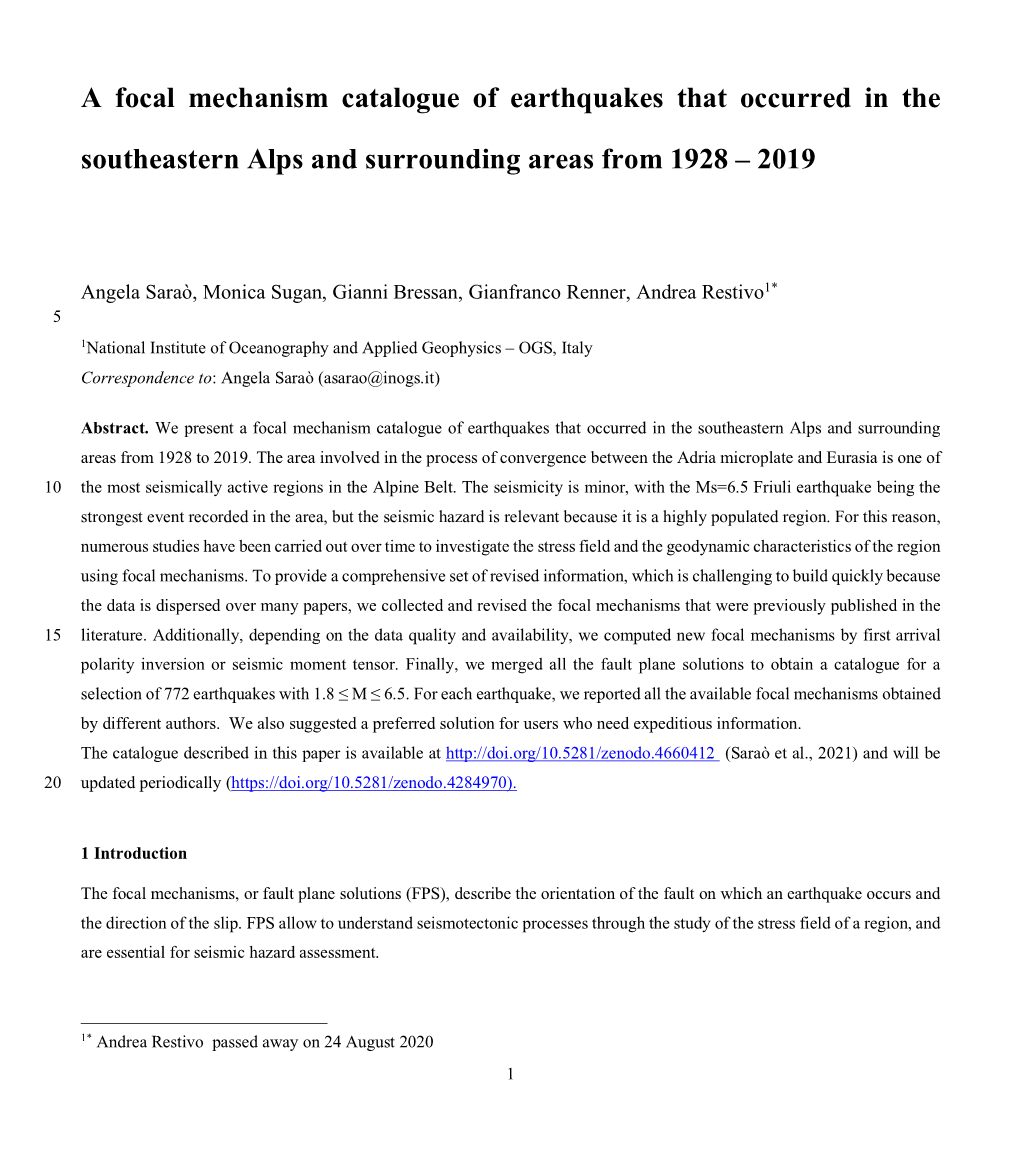 A Focal Mechanism Catalogue of Earthquakes That Occurred in The