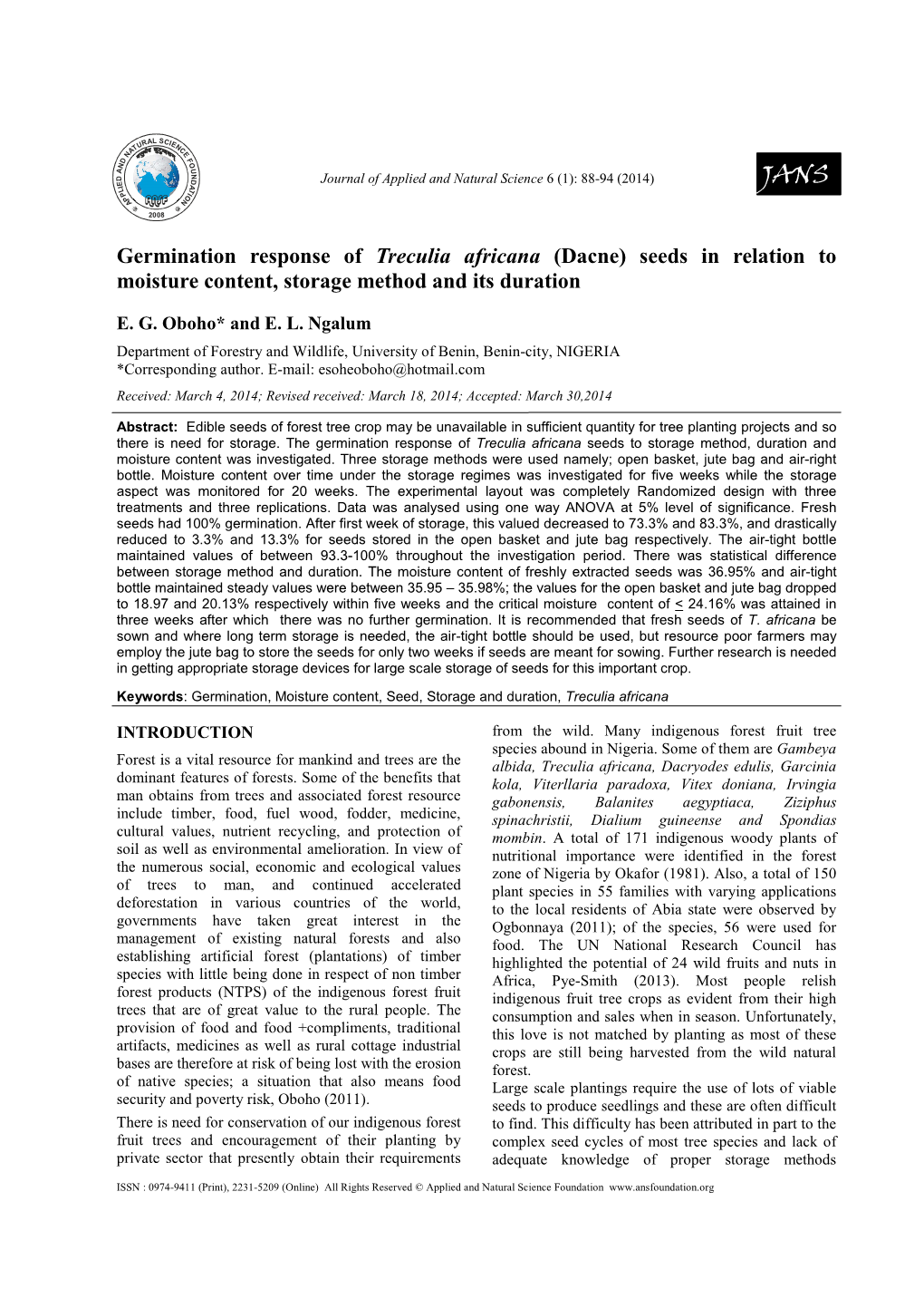 Germination Response of Treculia Africana (Dacne) Seeds in Relation to Moisture Content, Storage Method and Its Duration