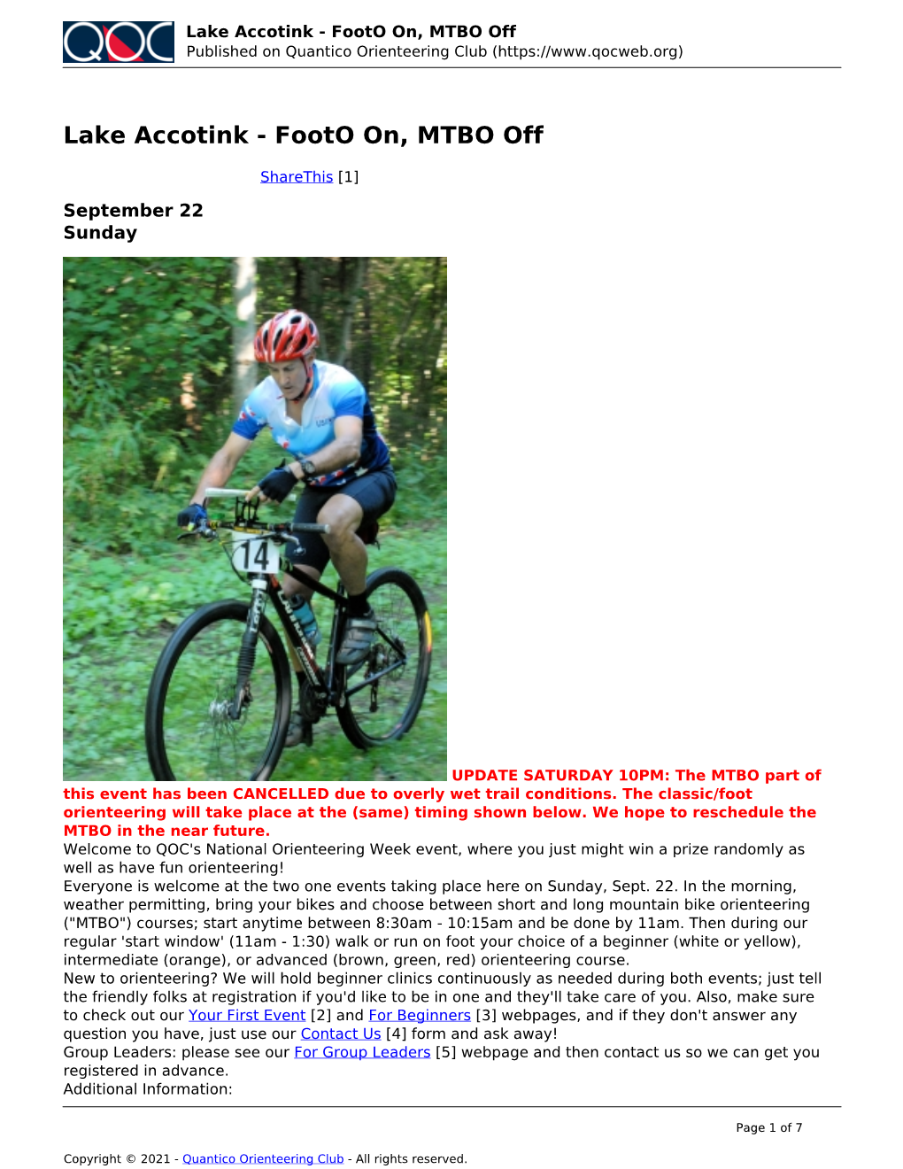 Lake Accotink - Footo On, MTBO Off Published on Quantico Orienteering Club (