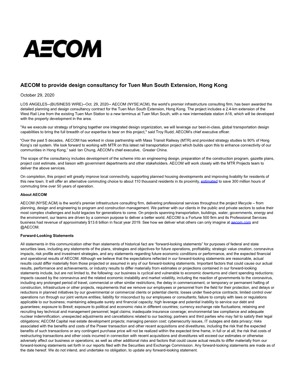 AECOM to Provide Design Consultancy for Tuen Mun South Extension, Hong Kong
